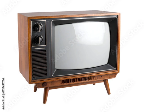 Fototapeta An iconic retro television from the past era, featuring a warm wooden casing and traditional control knobs.