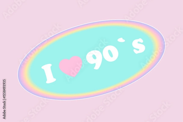 Fototapeta Retro pastel badge with text I love 90s inside oval rainbow border on pink background, nostalgic design
