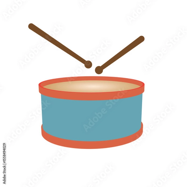 Fototapeta Flat style illustration of toy drum with drumsticks, simple cartoon percussion instrument for kids design