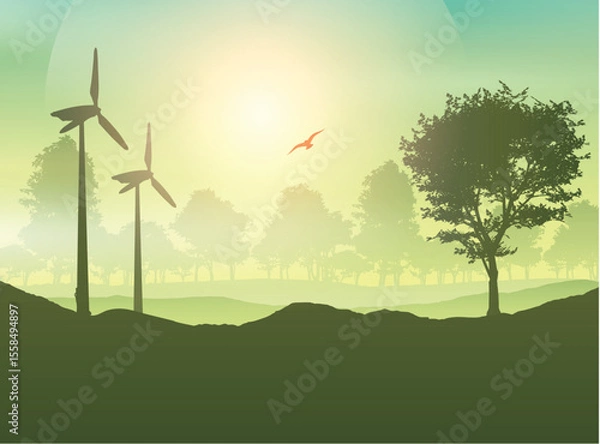Obraz Wind turbines and tree landscape