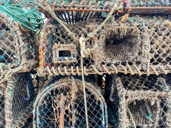 Fototapeta Close up of stacked used lobster pots coated with seaweed