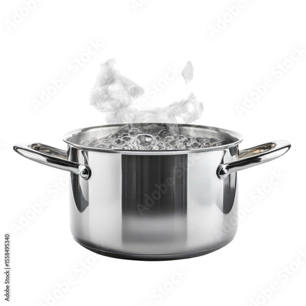 Fototapeta Boiling water in a stainless steel pot with steam rising, isolated on a transparent background, cutout PNG