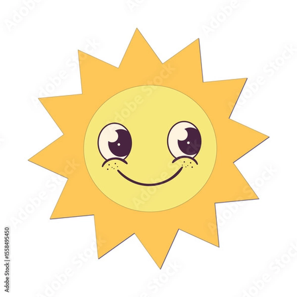 Fototapeta Cute cartoon sun with smiling face, big eyes, and freckles on a white background in a cheerful style