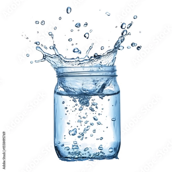 Fototapeta Splash of water from glass jar creating dynamic droplets in clear air transparent background, cutout PNG