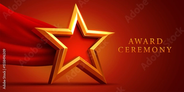 Obraz Award ceremony background and 3d gold star with red silk ribbon decoration. Vector illustration