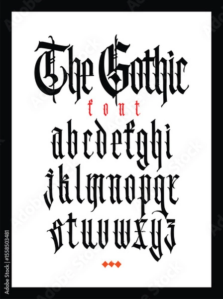 Fototapeta Gothic, English alphabet. Vector. Medieval Latin letters. Signs and symbols for tattoos. Ancient European style. Calligraphy and lettering. Separate uppercase and lowercase letters.