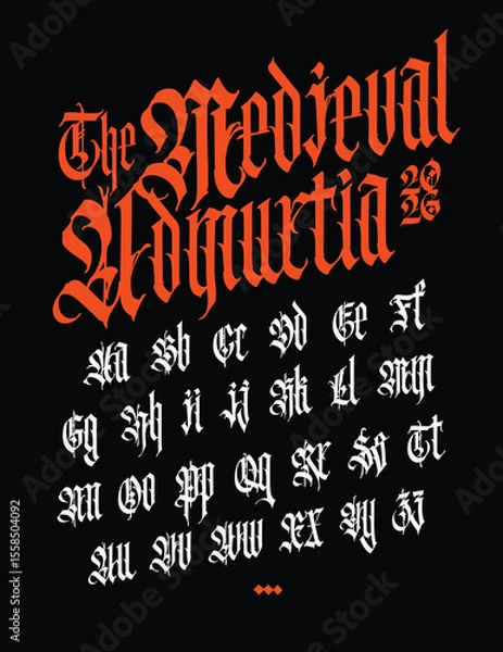 Fototapeta Gothic. Vector. Uppercase and lowercase white letters on a black background. Beautiful and stylish calligraphy. Elegant European typeface for tattoo and design. Medieval Germanic modern style.