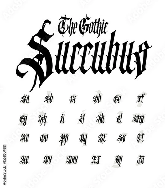 Fototapeta Full Latin alphabet in the Gothic style. Vector. Calligraphy and lettering. Medieval Latin letters. Elegant font for tattoo. All letters are separate.