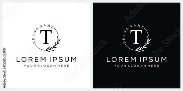 Obraz Initial letter T cosmetics fashion logo design, serif font graphic icon, leaves nature symbol concept
