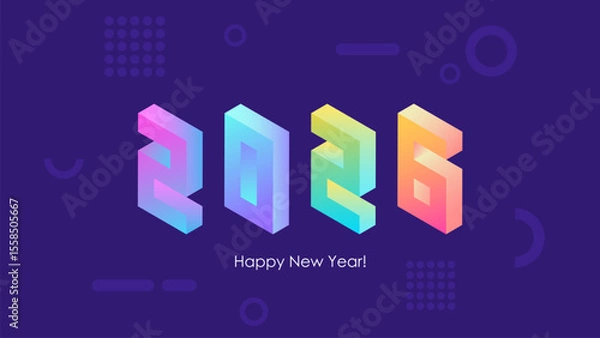 Obraz 2026 Happy New Year isometric text design with trendy bright neon gradients for 2026 year holiday greetings and invitations. Vector illustration.