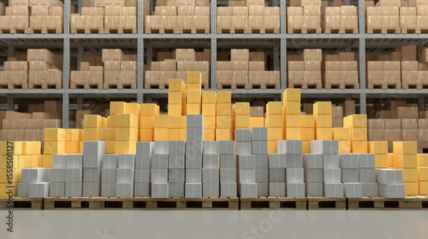 Fototapeta Warehouse shelves stacked with organized cardboard boxes and packages, showing efficient storage and inventory management.