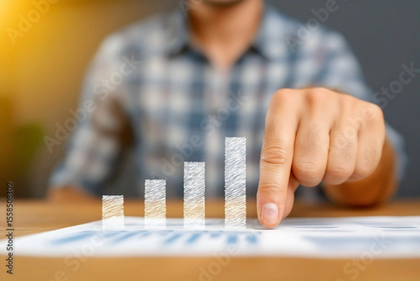 Fototapeta A person in a checkered shirt points at a rising bar graph on a tablet, symbolizing growth and financial progress.