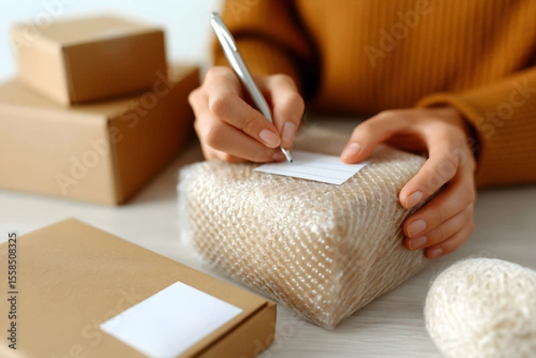Fototapeta A person in a brown sweater writes on a label attached to a bubble-wrapped package with parcels and twine on the table.
