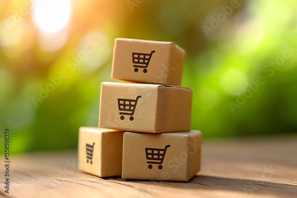Fototapeta Four wooden cubes stacked with shopping cart icons, symbolizing e-commerce and online shopping on a wooden surface with a blurred natural background.
