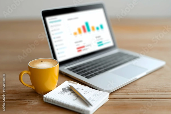 Fototapeta A yellow coffee mug, a pen on a notepad with sketches, and an open laptop displaying colorful bar graphs on a wooden desk.