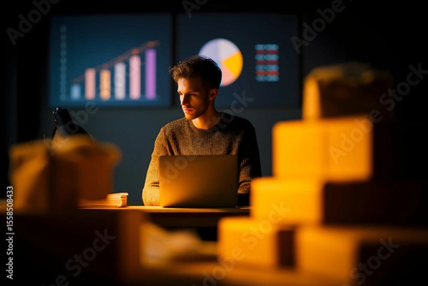 Fototapeta A focused man works on a laptop surrounded by packages, analyzing business charts displayed on a screen in a dimly lit room.