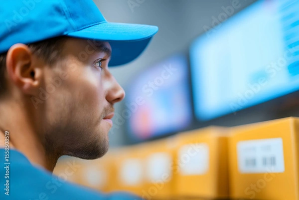 Fototapeta A focused man in a blue cap monitors data on screens while managing packaged boxes in a warehouse or logistics environment.