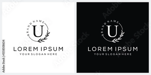 Obraz Initial letter U cosmetics fashion logo design, serif font graphic icon, leaves nature symbol concept
