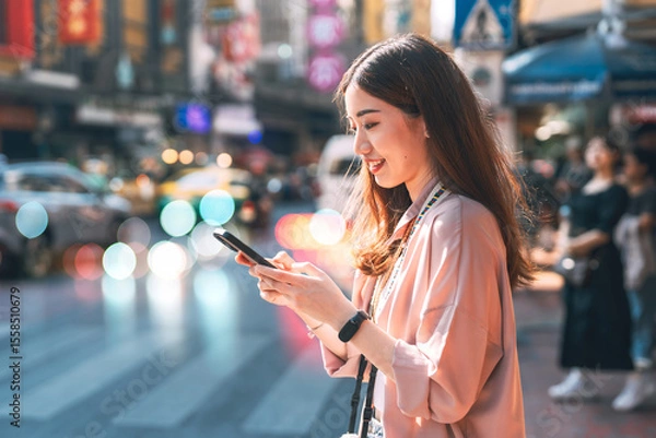 Obraz Asian woman using smartphone internet 5g solo local travel in southeast asia