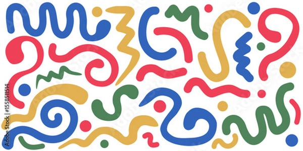 Fototapeta Abstract vector illustration of 60s groovy hippie. Colorful scribble shapes, cute wavy lines. Can be printed for fabric motifs, wrapping paper, book covers