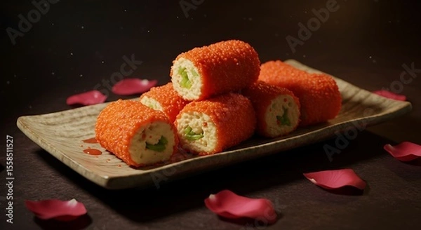 Obraz An artistic and professional shot of a collection of unique, rolled sweets on a platter, their vibrant colors and textures contrasted with a dark background and scattered petals, evoking a sense of lu