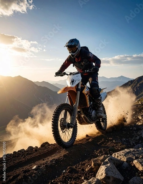 Fototapeta motocross rider kicking up dust, rocks in the background, bold and gritty style