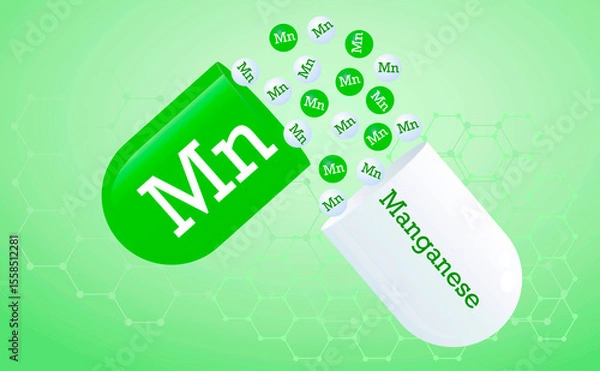 Obraz Manganese, trace element. Capsule with element Mn icon. Medical awareness poster
