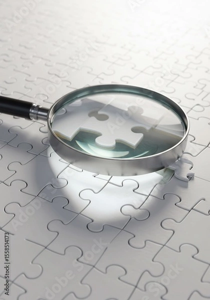 Fototapeta 拡大鏡で探す白いジグソーパズルピース 鮮明な光で照らされ精密に配置