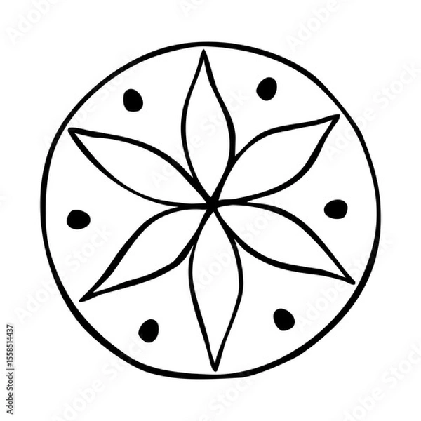 Fototapeta Stylized botanical flower drawn as a simple mandala, hand-drawn in black and white vector style. Suitable for logos, packaging, tattoos, posters, textile prints, and coloring pages.
