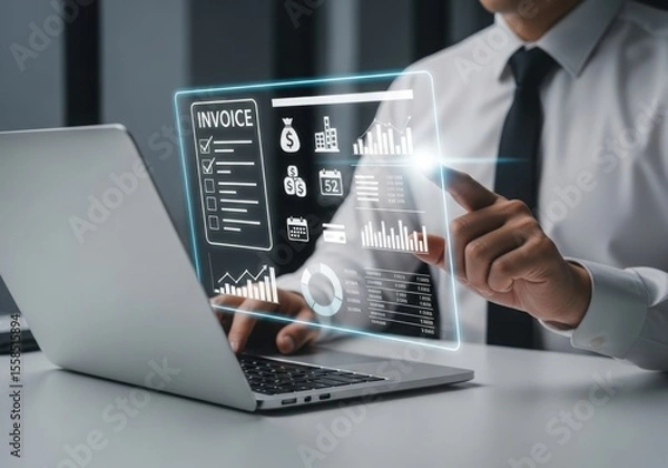 Fototapeta Person interacting with digital invoice on laptop screen