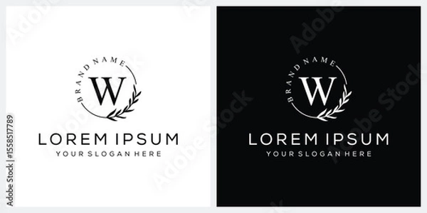 Obraz Initial letter W cosmetics fashion logo design, serif font graphic icon, leaves nature symbol concept