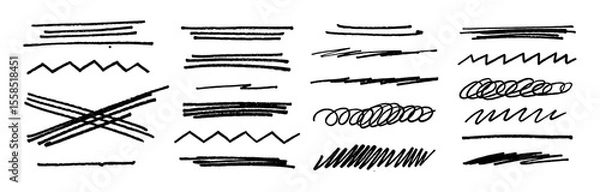 Fototapeta Cross line doodle stroke set. Vector handdrawn brush pen crosses, pencil underlines, marker squiggles, freehand strikethrough lines. Rough sketch zigzag emphasis lines. Punk dividers bg