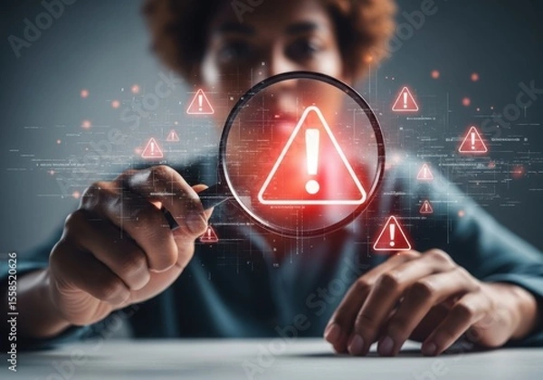 Fototapeta Person examining warning signs with a magnifying glass tool