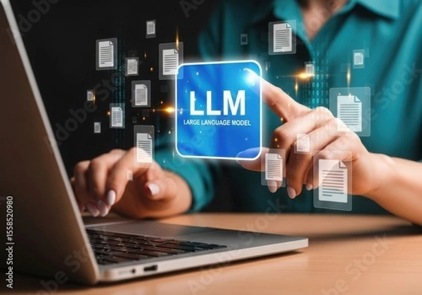 Fototapeta Person using laptop with llm interface and document icons