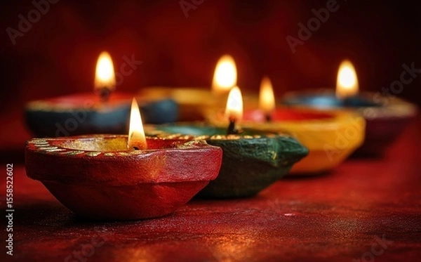 Obraz Happy Diwali - Clay Diya lamps lit during Diwali, Hindu festival of lights celebration. Colorful traditional oil lamp diya on red background. High quality