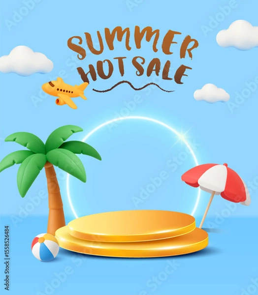 Fototapeta 3d summer sale banner template with podium, palm trees, beach umbrella and ball isolated on background. 3d travel discount banner with stage in vector. Vector illustration
