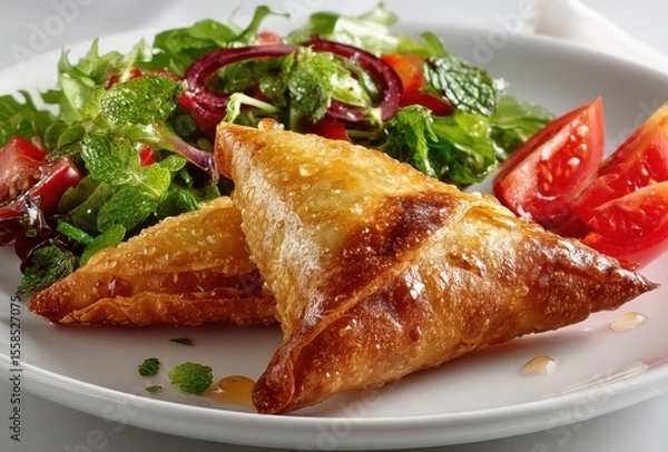 Fototapeta Golden Brown Fried Pastries with Fresh Salad of Mixed Greens, Cherry Tomatoes, and Mint Garnish on a White Plate for Culinary Presentation
