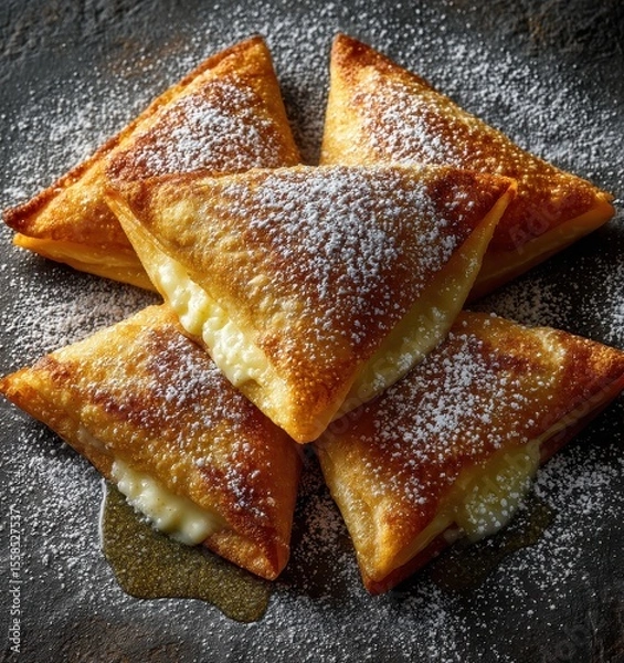Fototapeta Golden Crispy Pastry Triangles with Sweet Cream Filling and Powdered Sugar on Dark Stone Surface Perfect for Dessert or Snack Photography