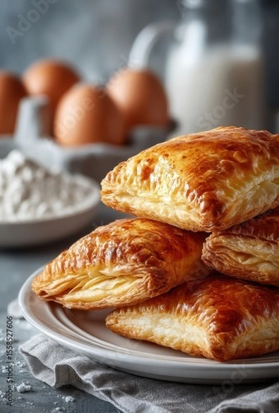 Fototapeta Golden Flaky Pastries on Plate with Eggs and Milk in Background, Perfect for Baking or Culinary Themes, Delicious Treat for Breakfast and Snack Lovers