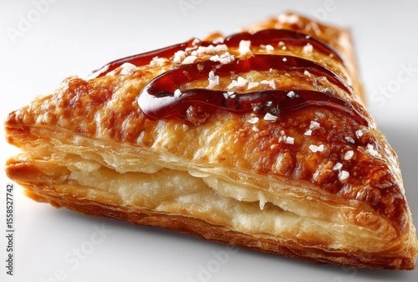 Fototapeta Golden flaky pastry triangle with savory filling topped with glossy sauce and sprinkled with salt, ideal for culinary advertisements or food blogs