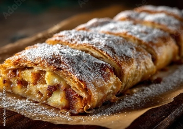Fototapeta Golden Pastry Strudel Filled with Sweet Apples and Cinnamon Topped with Powdered Sugar on a Rustic Wooden Serving Board