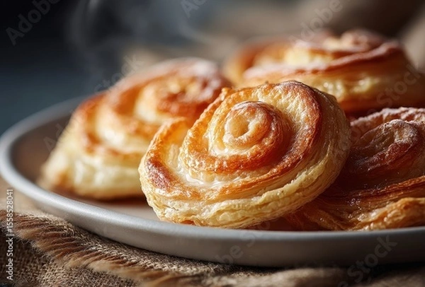 Fototapeta Golden Swirled Pastry with Flaky Layers on a Simple Plate, Capturing the Warmth and Freshness of Baked Goods in a Cozy Kitchen Setting