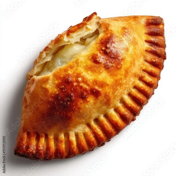 Fototapeta Golden-brown baked pastry filled with creamy filling, showcasing flaky texture, crispy exterior, and deliciously soft inside on a white background