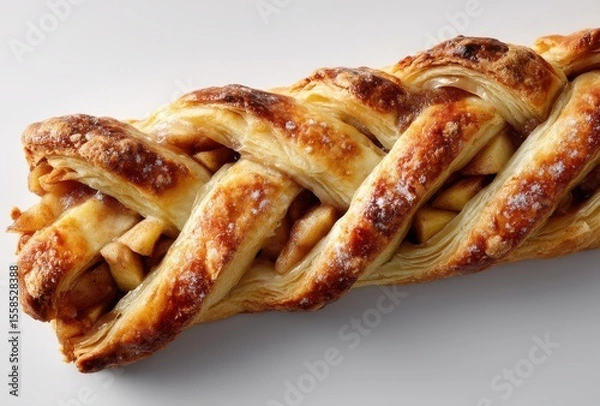 Fototapeta Golden-Brown Braid of Flaky Pastry Filled with Sweet Apples and Cinnamon on a Light Background Capturing the Essence of Homemade Bakery Treats