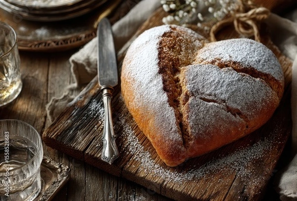 Fototapeta Heart-Shaped Freshly Baked Bread on Wooden Board with Cutlery and Glassware in Cozy Rustic Kitchen Setting