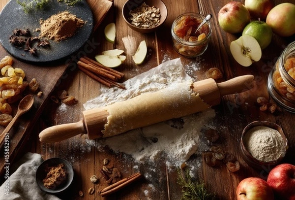 Fototapeta Rolling Pin Surrounded by Fresh Ingredients for Baking Apple Pie, Including Flour, Apples, Spices, Dried Fruits, and Kitchen Utensils on Rustic Wooden Table