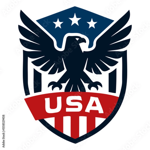 Fototapeta Illustration of a patriotic shield emblem featuring an eagle and usa text with stars and stripes