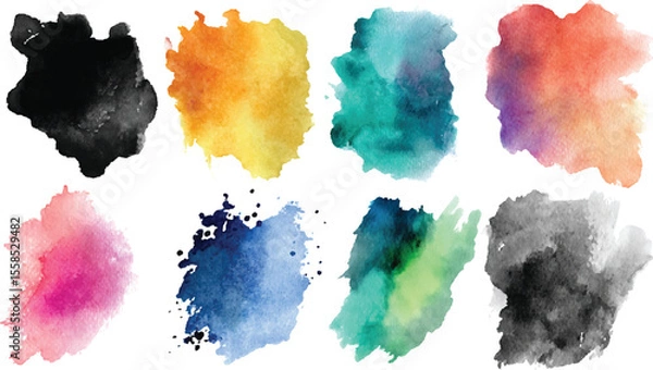 Fototapeta Eight Watercolor Paint Splotches Diverse Color Palette Abstract Background Design Elements Teal Orange Pink Black Blue Green Yellow Red