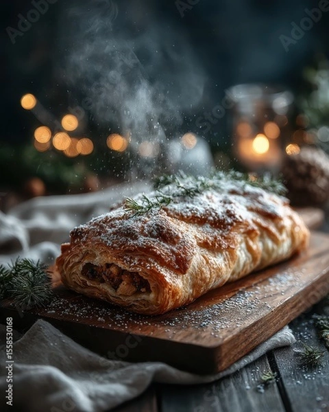 Fototapeta Warm Homemade Pastry with Sweet Filling and Icing Sugar on a Rustic Wooden Board Surrounded by Soft Glow of Candlelight and Cozy Decor