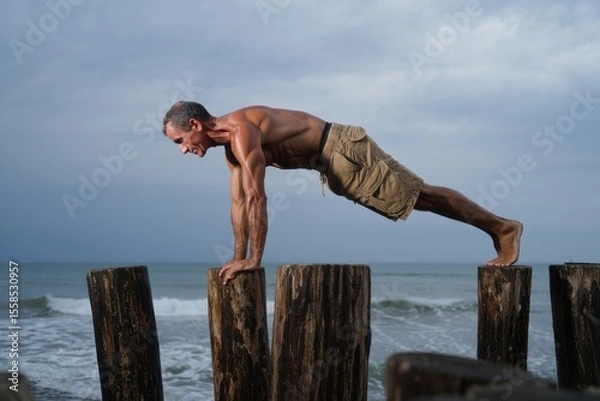 Fototapeta A strong man does a push up on wooden posts by the ocean.